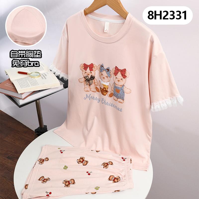 

Self-brought chest pad pajamas women s summer short-sleeved shorts summer thin styles can be worn outside casual loungewear suit Female m【 40-47.5kg 】