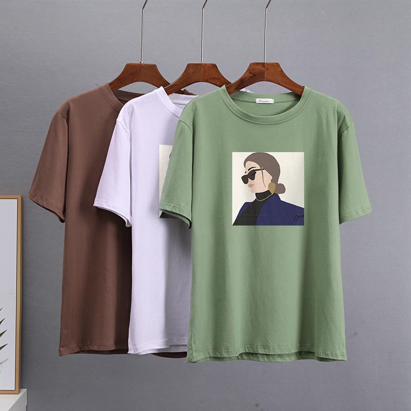 Hirsionsan Elegant Character Printed T Shirt Women Summer Chic Casual Tees Cotton Jumper Clothes Oversized Pullover Female Tops