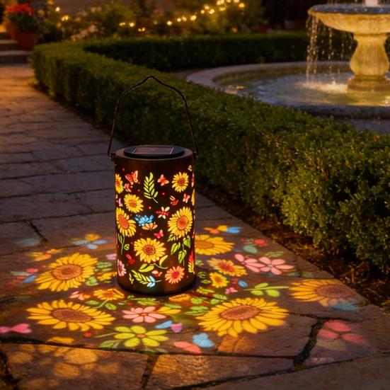 Colorful Sunflower Solar Lantern Metal Hanging Garden Light with Flower Pattern Waterproof Outdoor Solar Lamp for Patio Yard Pathway