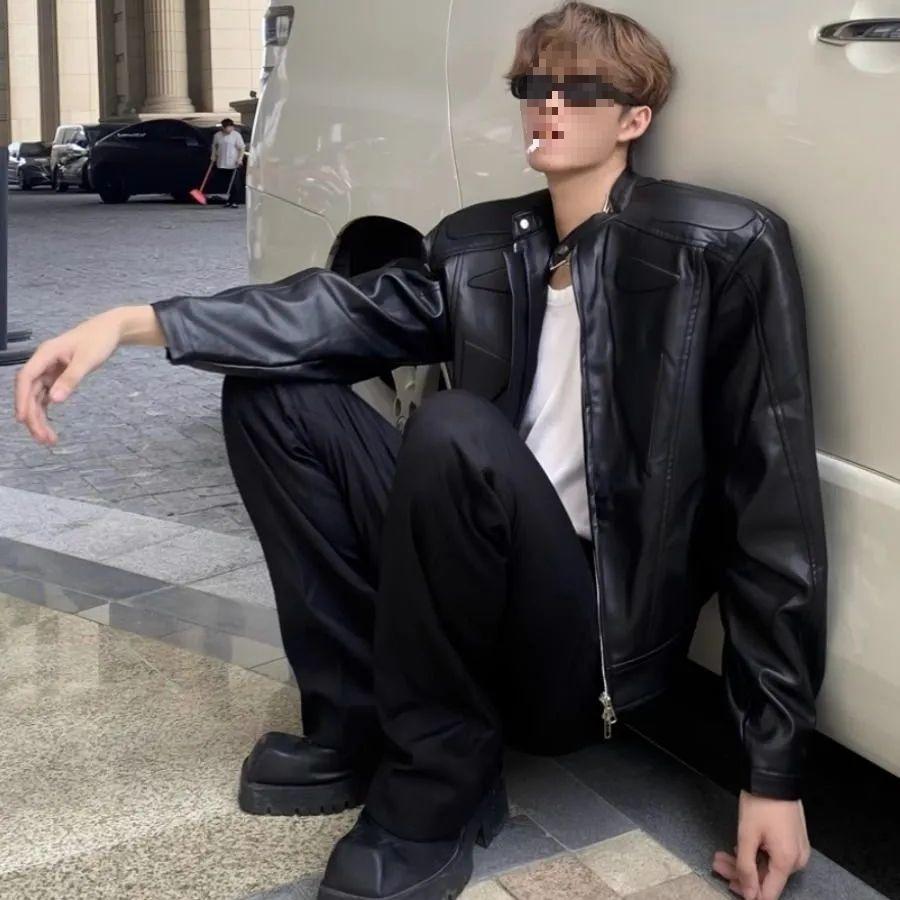 Ретро уличный стиль Деконструированная кожаная мотоциклетная куртка с подплечниками M