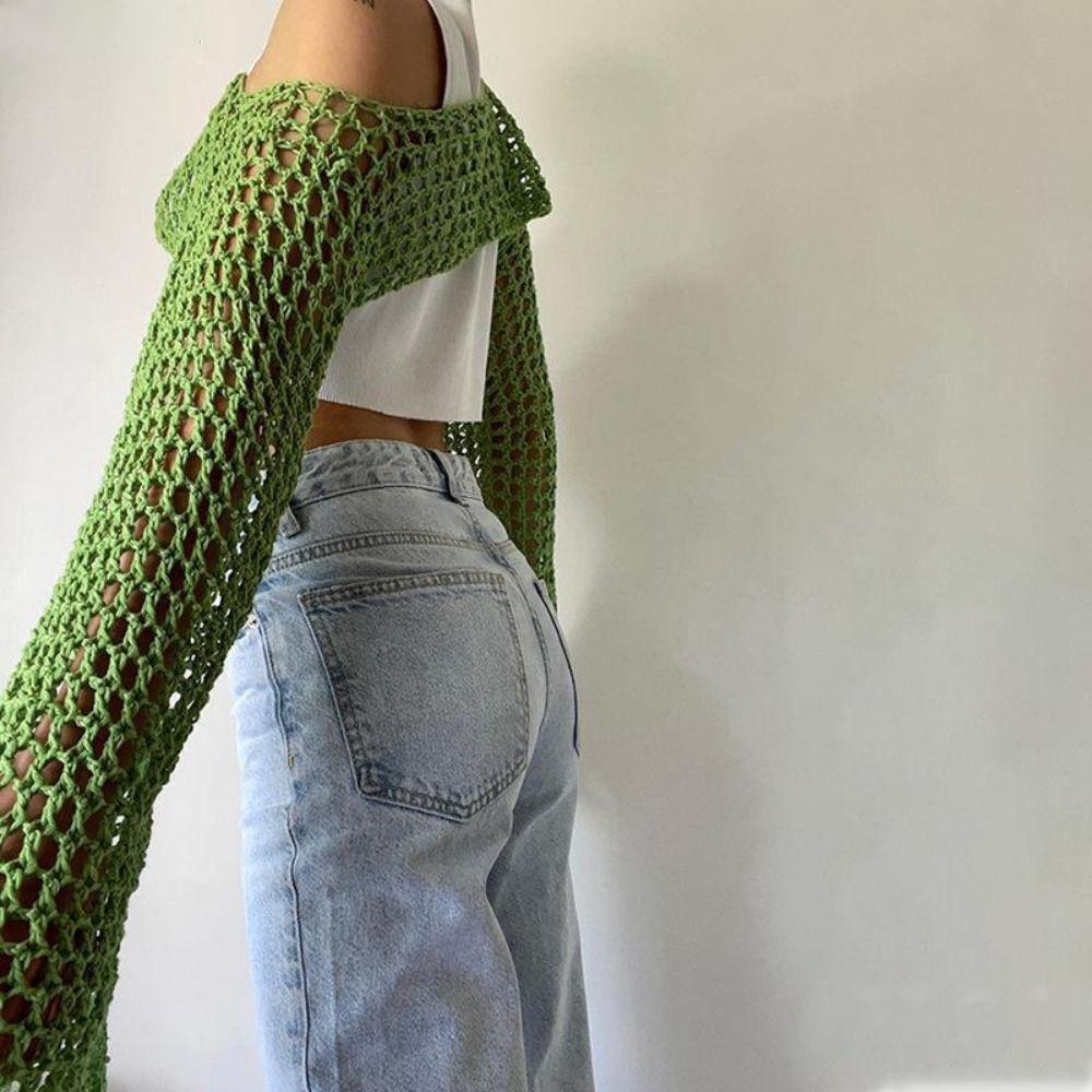 Soft Round Neck Shrug Pullover Y2K Knit Hollow Out Crop Top Women Crochet Crop Top Shopping