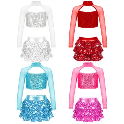 Conjunto de Dança Brilhante com Lantejoulas para Meninas Manga Longa Recorte Top Cropped Shorts Culottes com Saia em Camadas e Babados