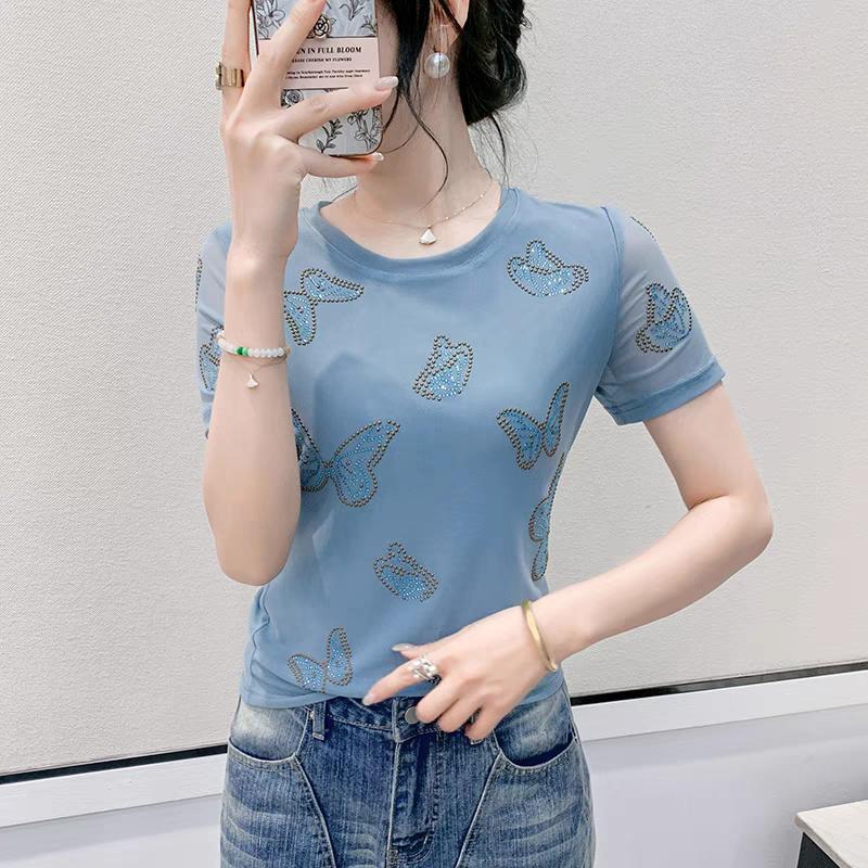 New Slim Mesh Positioning Hot Diamonds Butterfly T-shirt Women's Summer Short Sleeved Tops Sexy Girl Casual Streetwear Tees Clothes