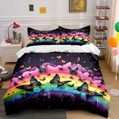 "Vibrant Butterflies and Rainbow Dcor" Kid's and Adults' Bedroom Decor Exquisite Three-piece Bedding Set Gift