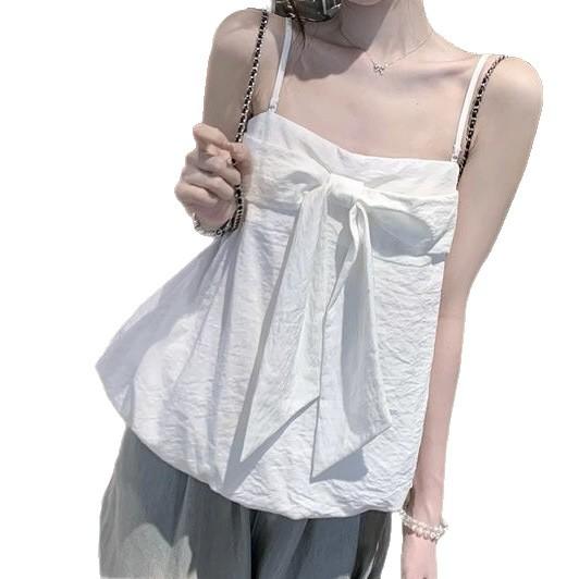 Korean Sweet Style Design Sense Bow Sling Vest Women's Summer New Bud Hem Showing Thin White Top