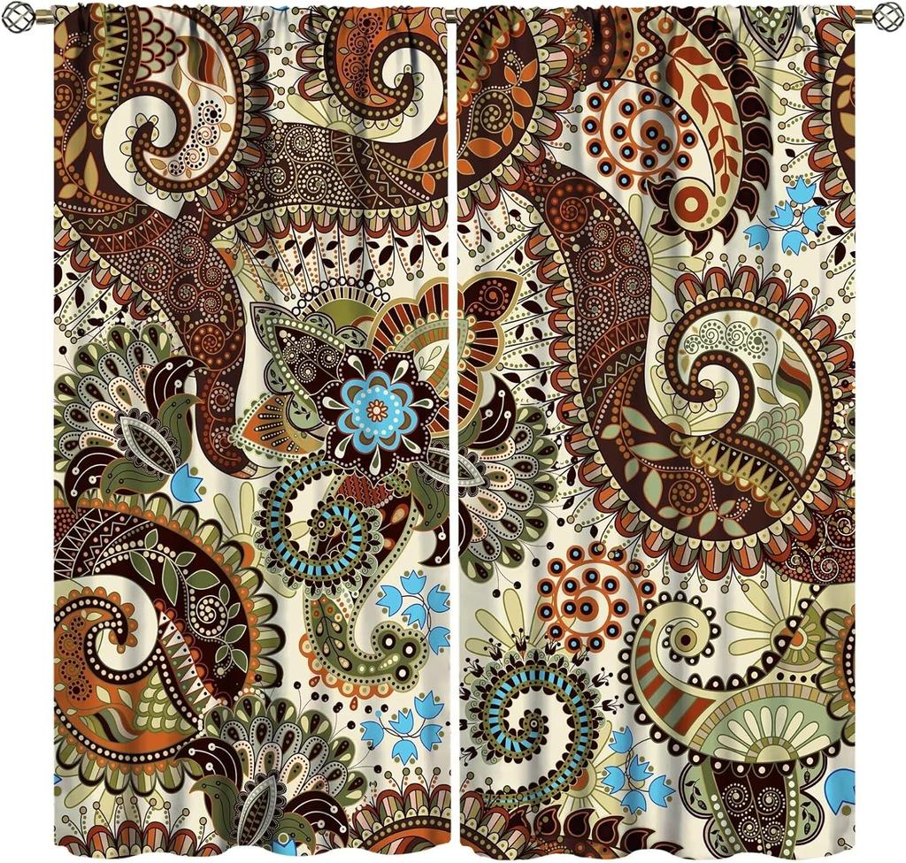 Bohemian Curtains South Asian Ethnic Vintage Floral Pattern Mandala Paisley Curtain with Rod Pocket for Bedroom Living Room Home
