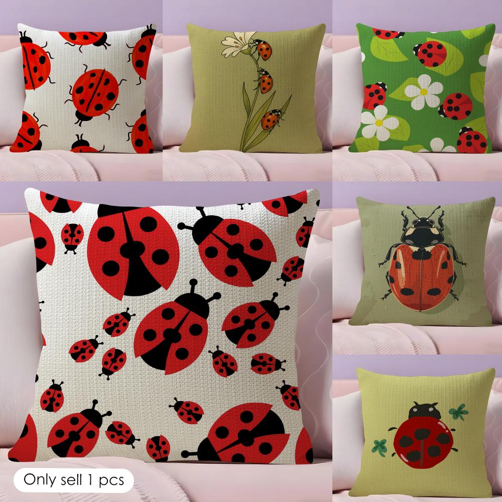 Jessica Chen Unisex Cute Cartoon Ladybug Cushion Cover Natural Linen Pillow Cover Double-Sided Print Cushion Cover For Sofa Home Decor