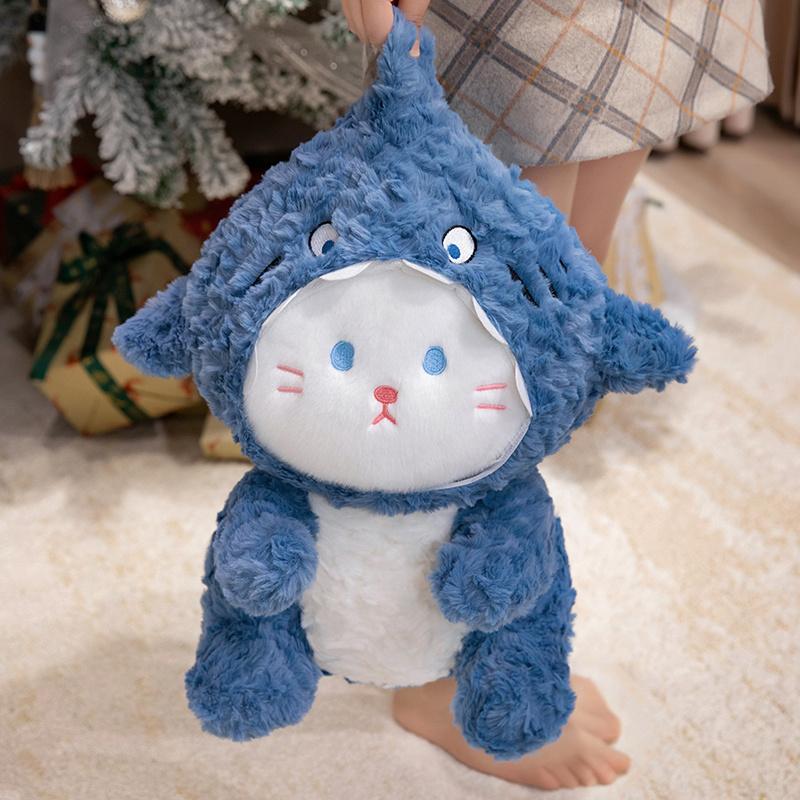 Kawaii Shark Cat Plush Toy Soft Stuffed Colorful Shark Hat Kitten Doll Kids Sleep Hug Pillow Home Decor Birthday Christmas Gift