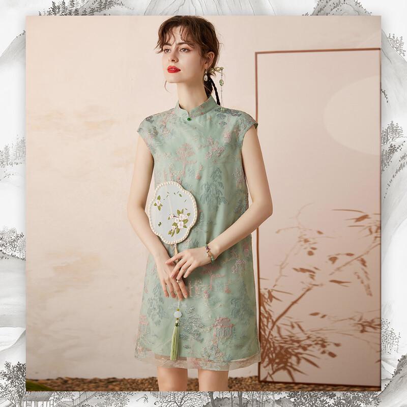 Bailuyu New Chinese Style Embroidered Stand Collar Qipao Dress