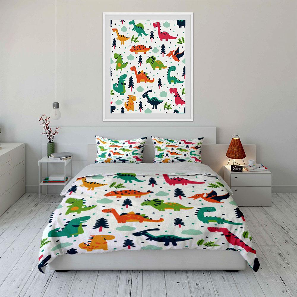 Cartoon dinosaurs forest print Bedding Set for Kids Luxury Gift 3pcs Digital Print Comforter Set Soft Comfortable Breathable