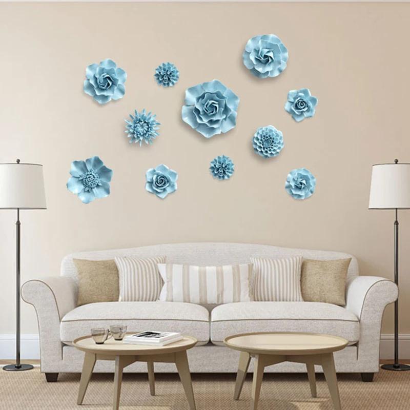 Chinese Blue Peony Rose Ceramic Flower Wall Mural Ornaments Home Livingroom Wall Sticker Decoration Club Hall Store Wall Hanging