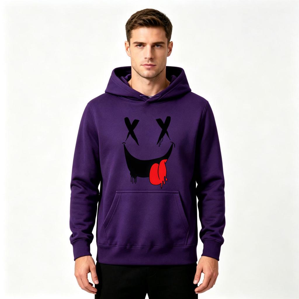 Men's Graphic Print Pullover Hoodie, Funny X Eyes Dripping Smile Pattern Casual Long Sleeve Sweatshirt