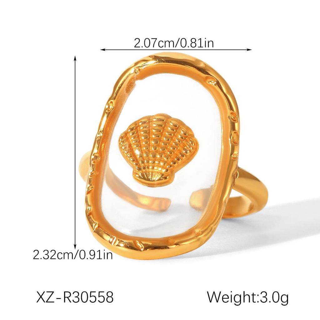 Luxurious European-American 18k Gold Titanium Steel Seashell Epoxy Open Ring for Women