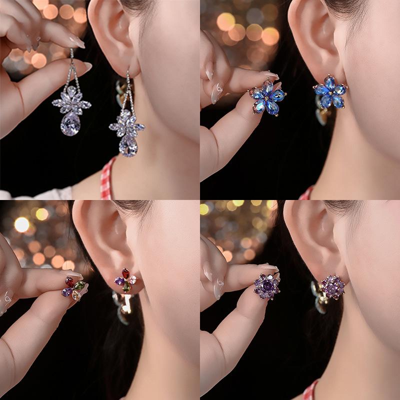 925 Silver Needle Flower Crystal Earrings, Korean Style High-End Zircon Studs, Sweet Dopamine Design for Women