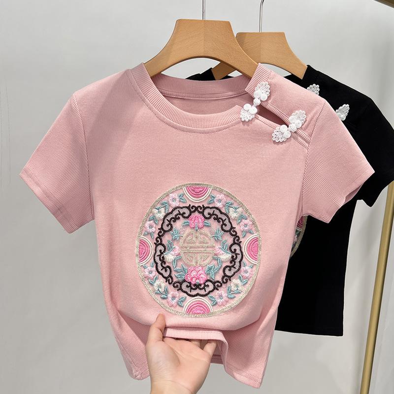 Chinese Style Embroidered Short-sleeved T-shirt for Women New Women's Round Neck Threaded T-shirt Retro Button Short Top