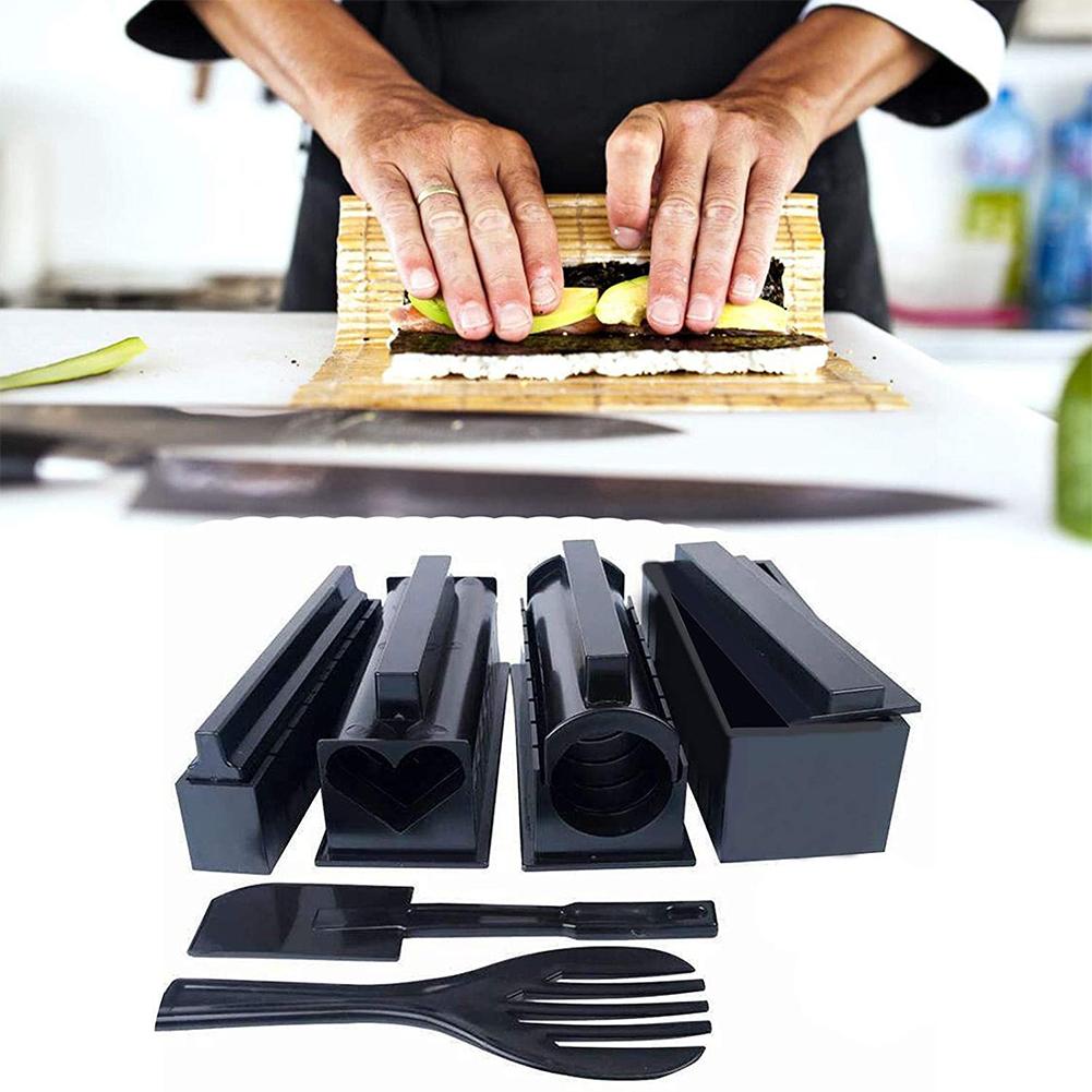 10pcs/set Sushi Making Kit Pro Japanese Specialty Food Molds Plastic with Rice Roll Mold Fork Spatula Black for Cooking Picnics