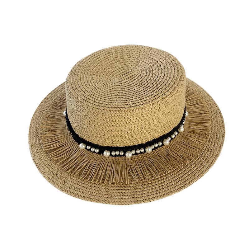 Women's Vintage Pearl Tassel Sun Hat French Retro Wide Brim Straw Hat