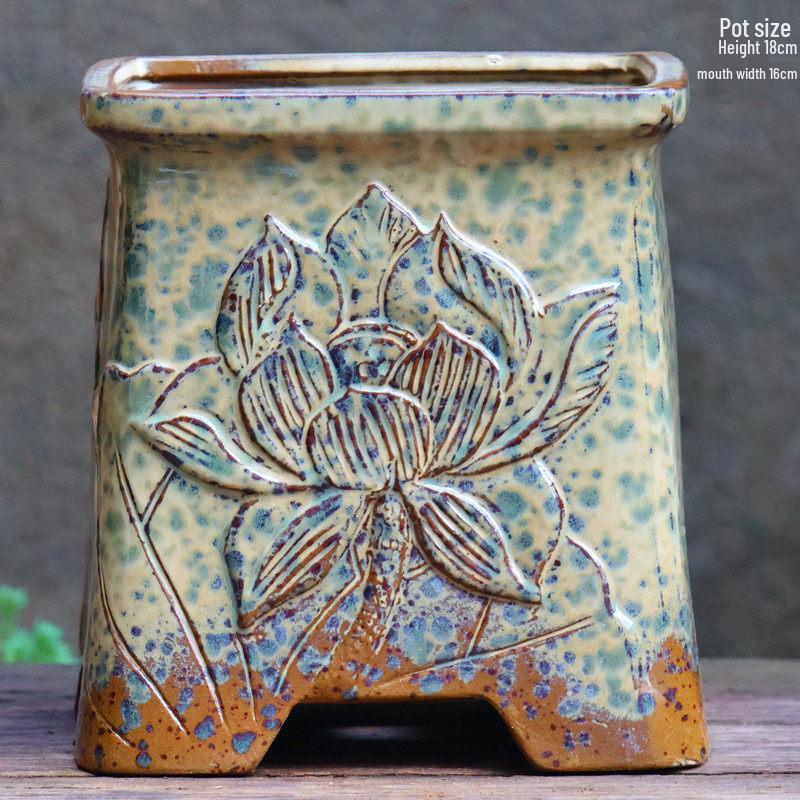 Handgefertigter unregelmäßiger quadratischer Keramik-Blumentopf für Sukkulenten - Pflanztopf mit großem Durchmesser für Mischbepflanzung