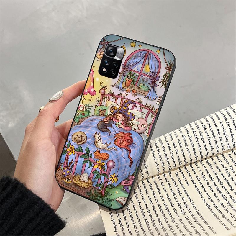 

Phone Case For Xiaomi Poco C71 15T 14T Pro Redmi note 15 14 14 13 Pro Redmi A5 15C 13C Black Cat Flower Art Redmi 15C 4G