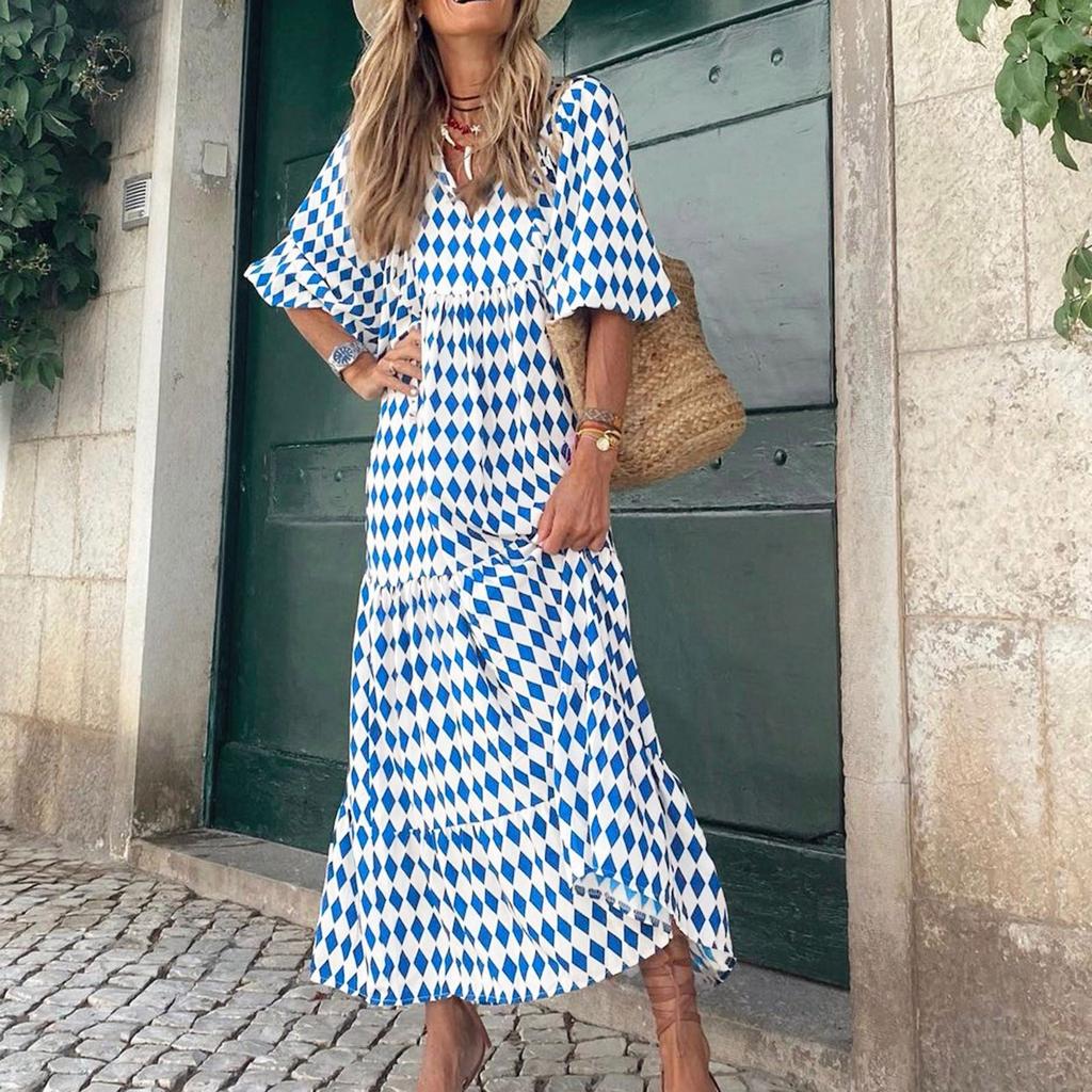 Women's Summer Casual Fashion Geometric Print Neckline Lace-up Bubble Middle-sleeves Ruffle Stitching Big Swing Long Losse Dress