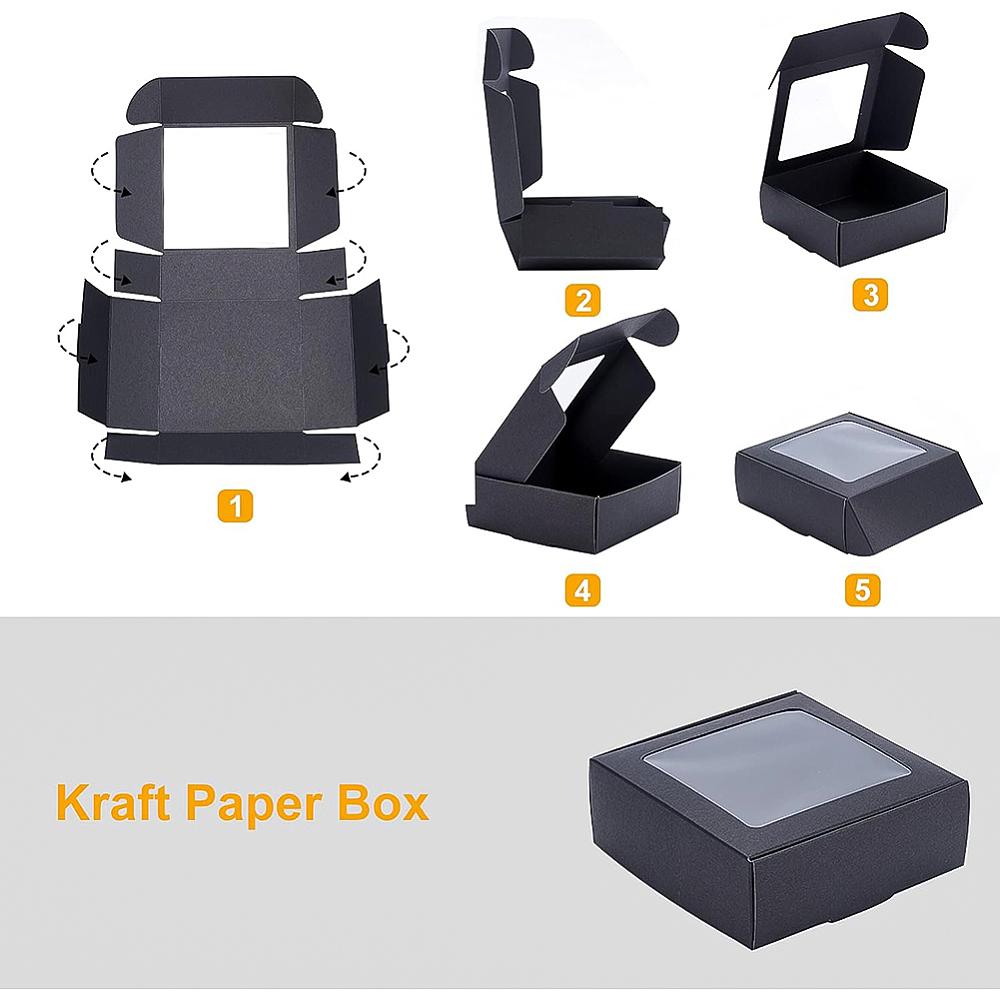 20pcs Paper Candy Boxes Bakery Box with PVC Clear Window for Party Wedding Baby Shower Square Black 9.5x9.5x3.5cm