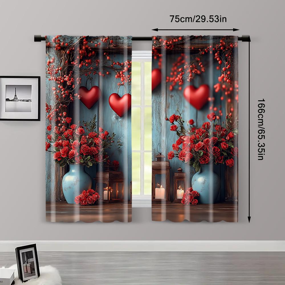 2pc, Romantic Valentine's Day Curtains Red Wood Theme Polyester,Without Electricity Holiday Decorations for aesthetic room
