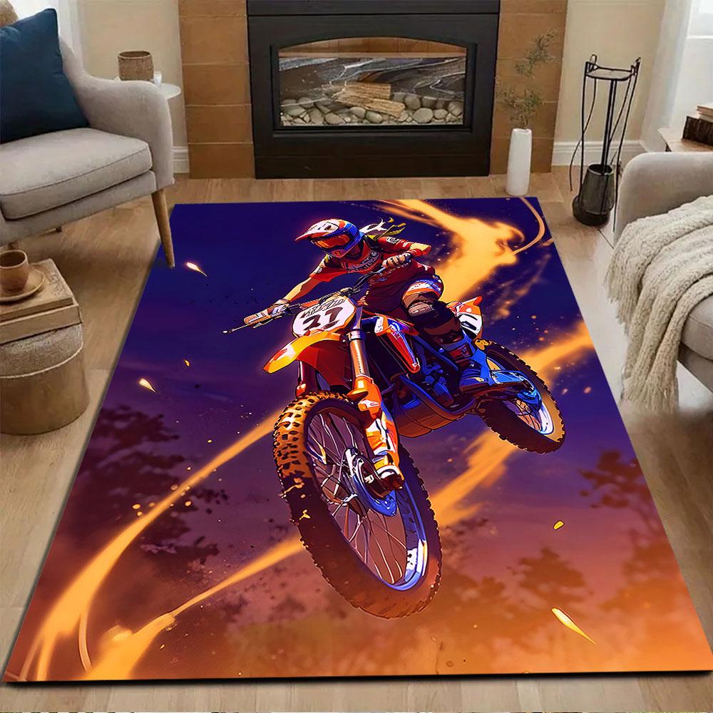 "Motocross Rider in Fiery Action" Patterned carpet, non slip mat suitable for living room and bedroom sofas