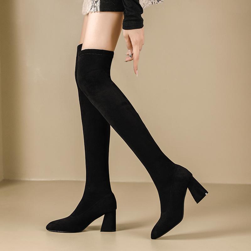 

Универсальные черные женские сапоги выше колена Huiliya, новые осенне-зимние сапоги на толстом каблуке, простые эластичные тонкие сапоги, закрытые сапоги 40