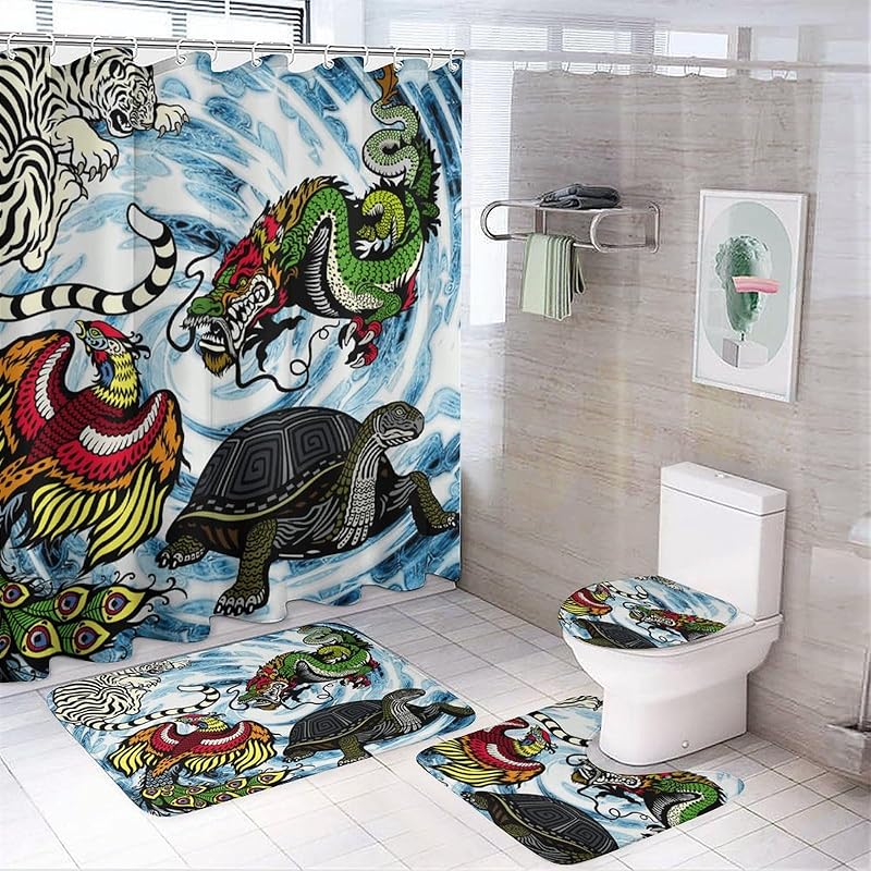 Cool Black and White Dragon and Tiger 4 Pieces Shower Curtain Set,Metaphysical Sky Dragon and Tiger Yin Yang Non-Slip Rugs Toilet Lid Cover Bath Mat
