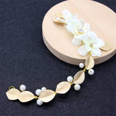 Bridesmaid Hair Accessories Flowers Golden Leaf Flexible Girls' Accessories White Cloth Decoration Cross-Border Hot Chain Hairband Bridal Wedding