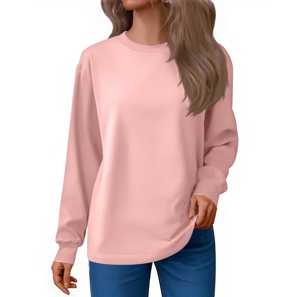 Women's Fashion Loose Round Neck T-Shirt Solid Color Casual Long Sleeve Top