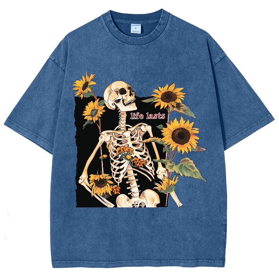 Camiseta de Verano para Mujer Y2K Ropa de Mujer Ventas Oversize Estampado Calavera Girasol Holgada Lavada Tendencia Manga Corta