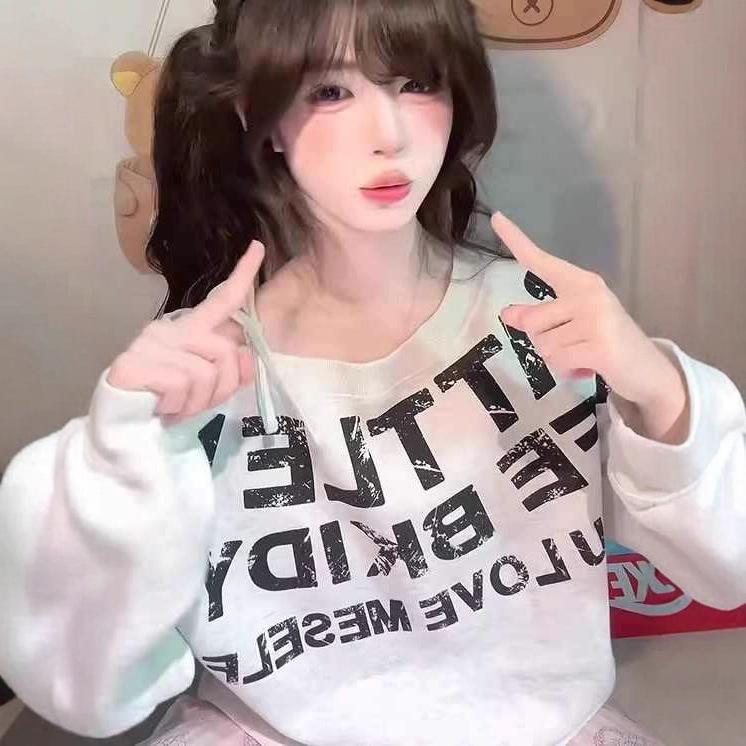 American retro sweet hottie letter print slanted shoulder sweater women's spring and autumn loose lazy wind off the shoulder