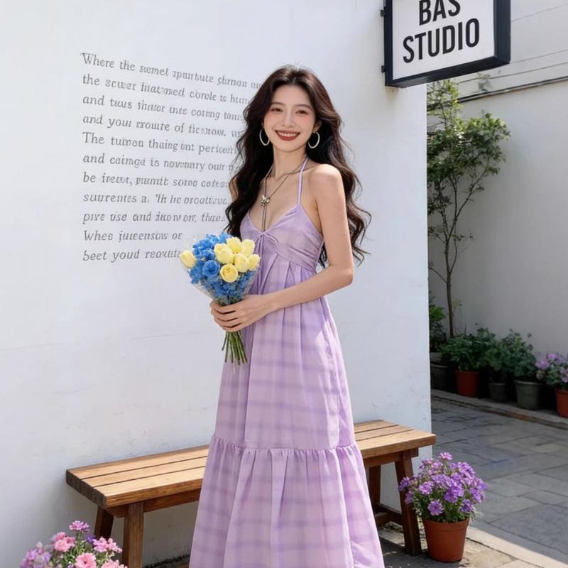 Holiday wind beach skirt backless lavender chiffon swinging air dress photo