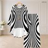 Women Plus Size Two Piece Pants Set Round Neck Long Sleeve Printed High Low Top Wide Leg Pants Black White