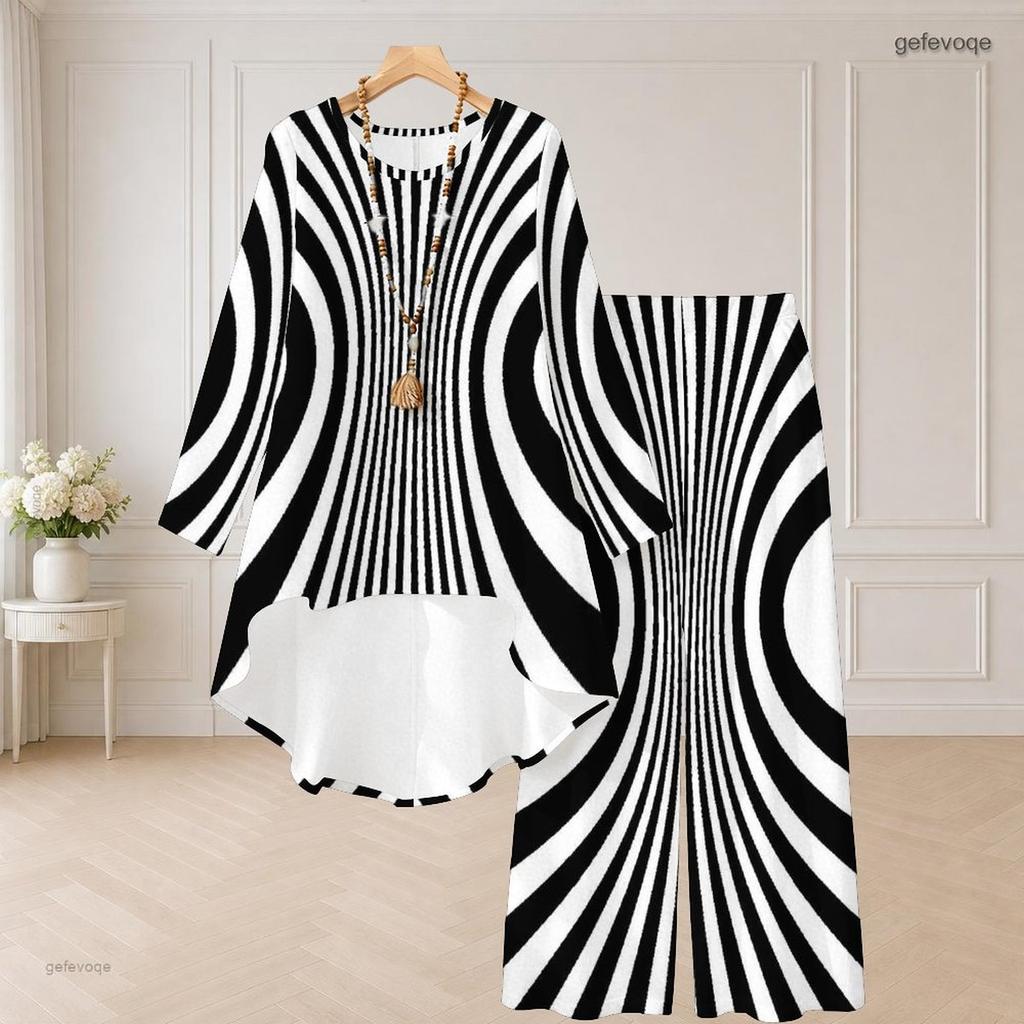 Women Plus Size Two Piece Pants Set Round Neck Long Sleeve Printed High Low Top Wide Leg Pants Black White