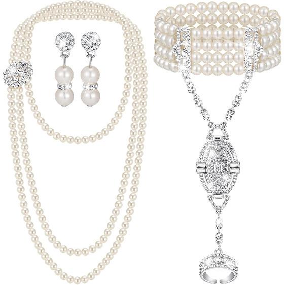 Maitys 3 Pcs 1920s Pearl Jewelry Set Halloween Flapper Accessory | Halloween Costume, Necklace Bracelet Earrings, Imitation Pearls, Christmas Vintage