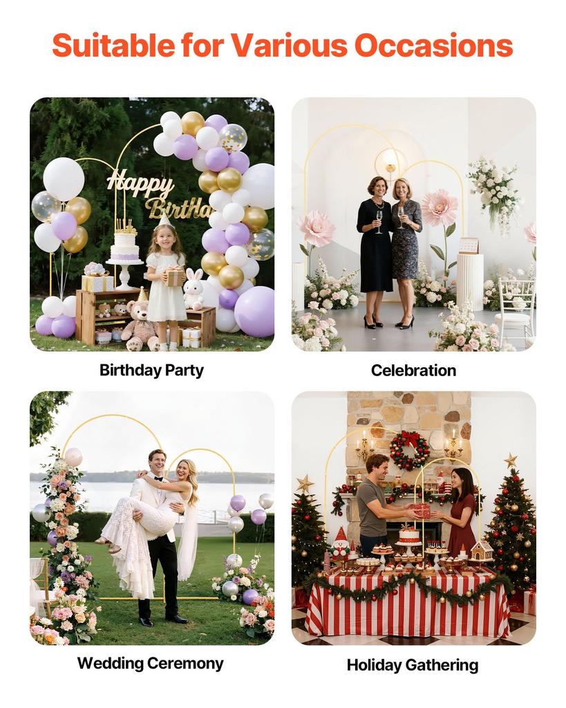 Arch Backdrop Stand, Set of 2, 2.2 m and 1.8 m, Stable Structure, Easy Assembly, Gold Metal Arch Backdrop Stand for Wedding, Birthday Party,