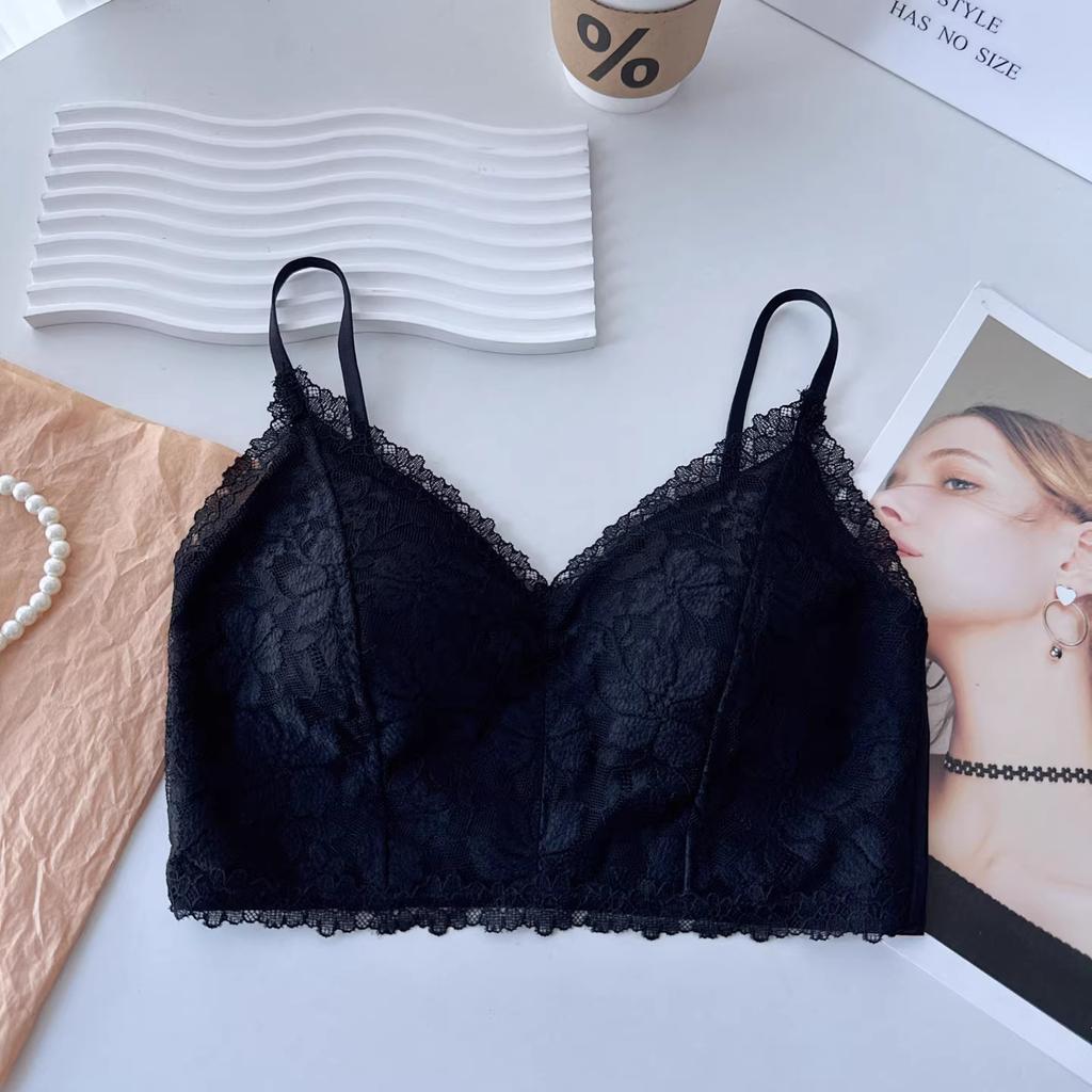 Sexy pure lace beautiful back chest wrap women's fixed cup gathering underwear without steel ring bra short suspender vest tide
