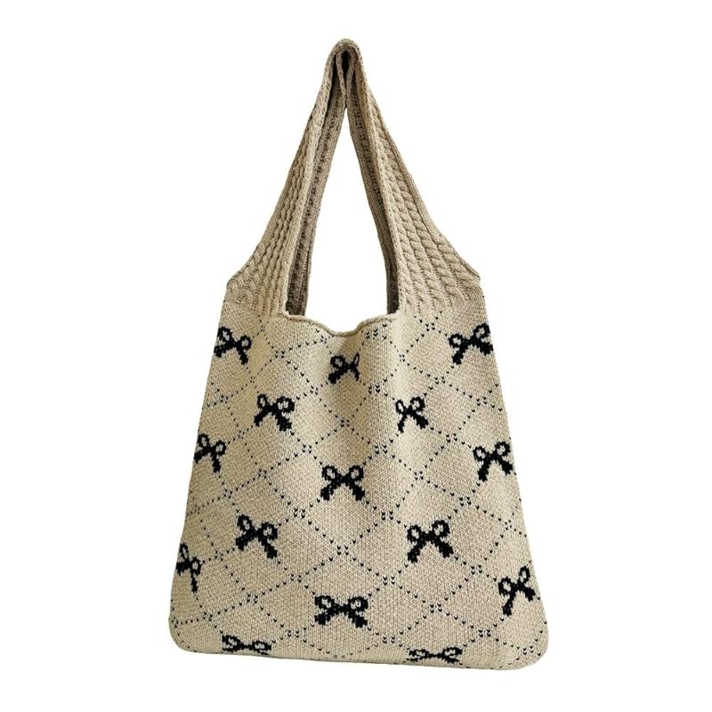 

[Qicarkey] fashion bowknot pattern crochet tote bag aesthetic bag summer beach/travel bag large capacity Y2K fairy grunge ladies Hobo bag (Khaki with