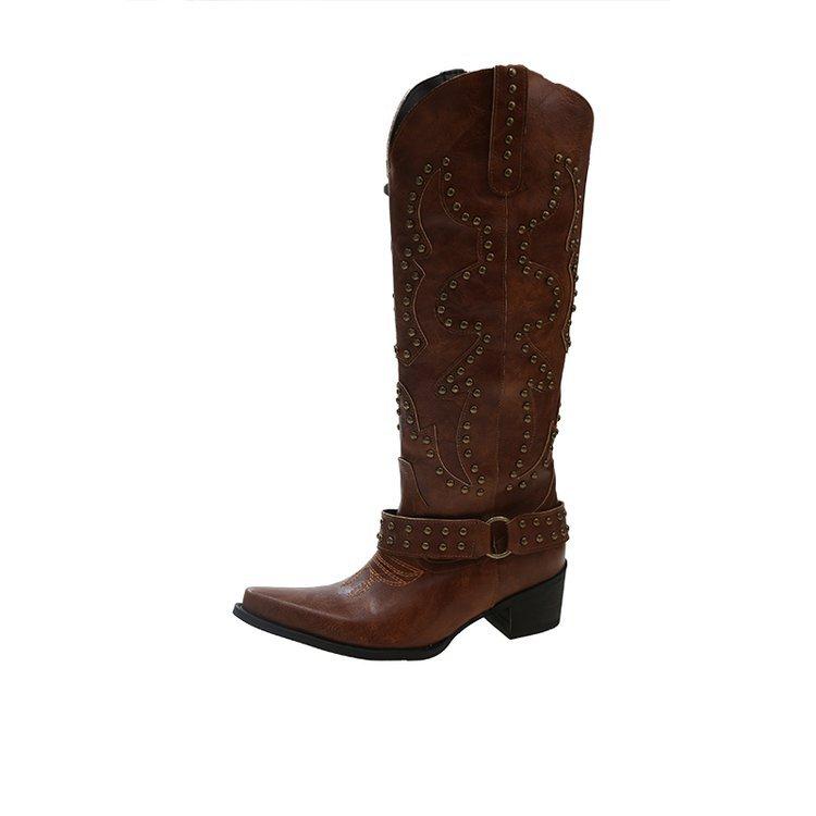 Fashion Vintage Belt Buckle Rivets Western Cowboy Knee High Boots Women 2025 Autumn Pointed Toe Chunky Heeled V-mouth Long Knight Boots