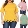 Camiseta Casual de Verão Feminina Tamanho Grande com Bainha Vazada e Cor Lisa