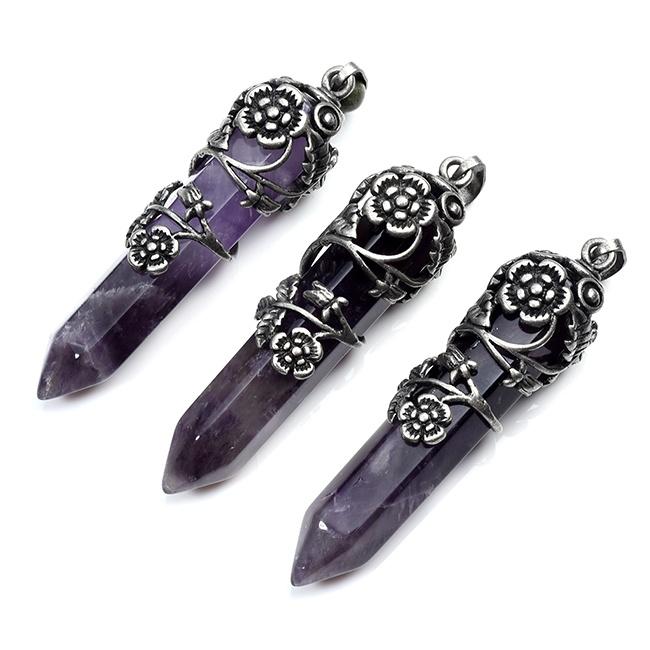 Mode natürliche Kristall sechseckige Säule Vintage Legierung Rose Anhänger Amethyst Kristall Halskette