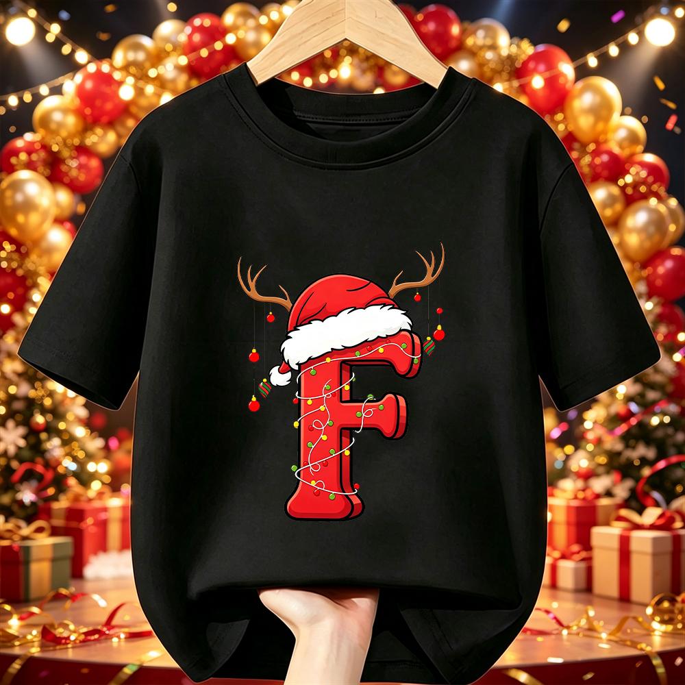 Cotton Kids Christmas T‑Shirt Cartoon Santa Antlers String Light A‑Z Print Short Sleeve O‑Neck X‑mas Party Tee Children Clothing