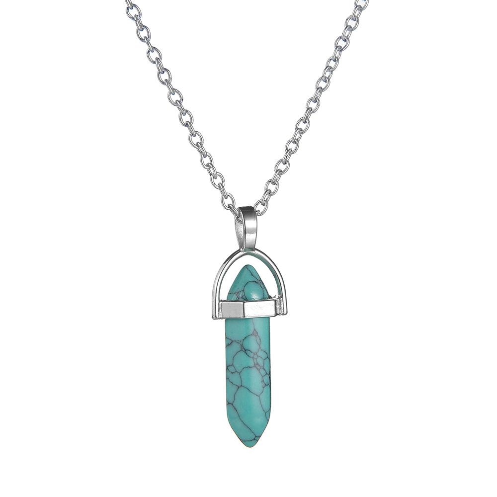 JWER Hexagonal Column Crystal Pendant Natural Stone Quartz Necklaces Silver Color Chain Necklace For Women Men Fashion Jewelry