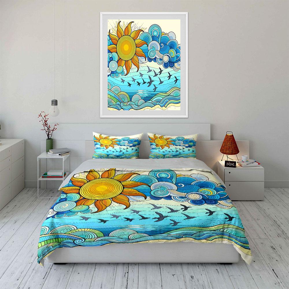 Colorful Ocean Sun Decor Set Bedding Set with 1 Duvet Cover 2 Pillowcases Single Double King Queen Gift