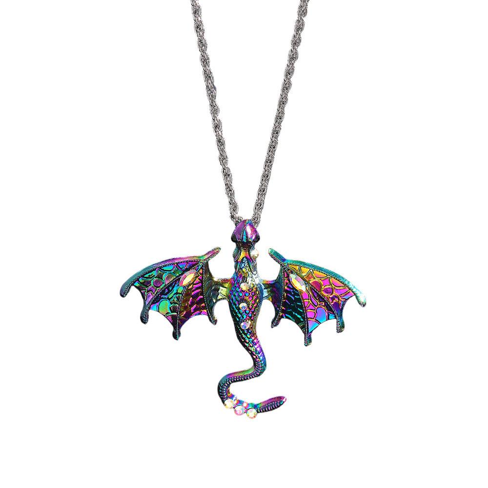 Retro Drip Cartoon Dragon Pendant Necklace with Diamonds - European & American Disco Hip Hop Style