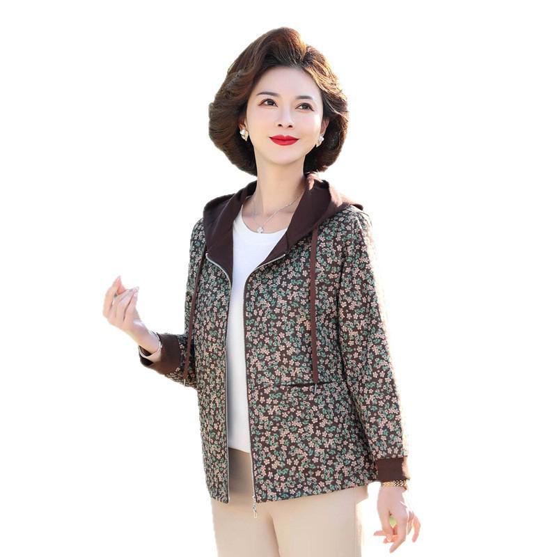 Elegant Print Hooded Jacket for Middle-Aged Women - Slimming, Fashionable Spring/Autumn Sweatshirt
