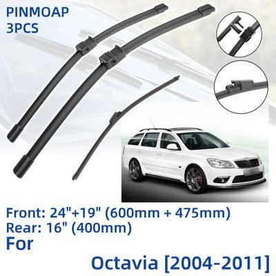 3PCS For SKODA Octavia 2004-2011 24" 19" 16" Front Rear Wiper Blades Windshield Windscreen Window Cutter Accessories 2006 2007 2008 2009 2010 2011