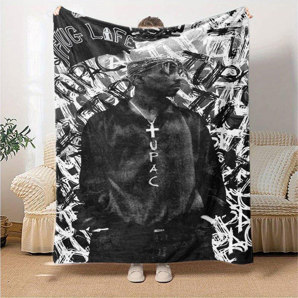 1pc 2PacHip Hop Blanket Soft Lightweight All Season Multi Purpose Throw for Sofa, Bed, Office & Picnics, French Style with Iconic Album Art & Quotes